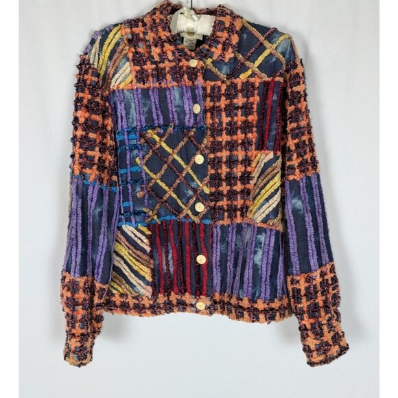 Sandy Starkman Jacket L Women's Multicolor Chenille Patchwork Unique Art to Wear - Picture 1 of 6